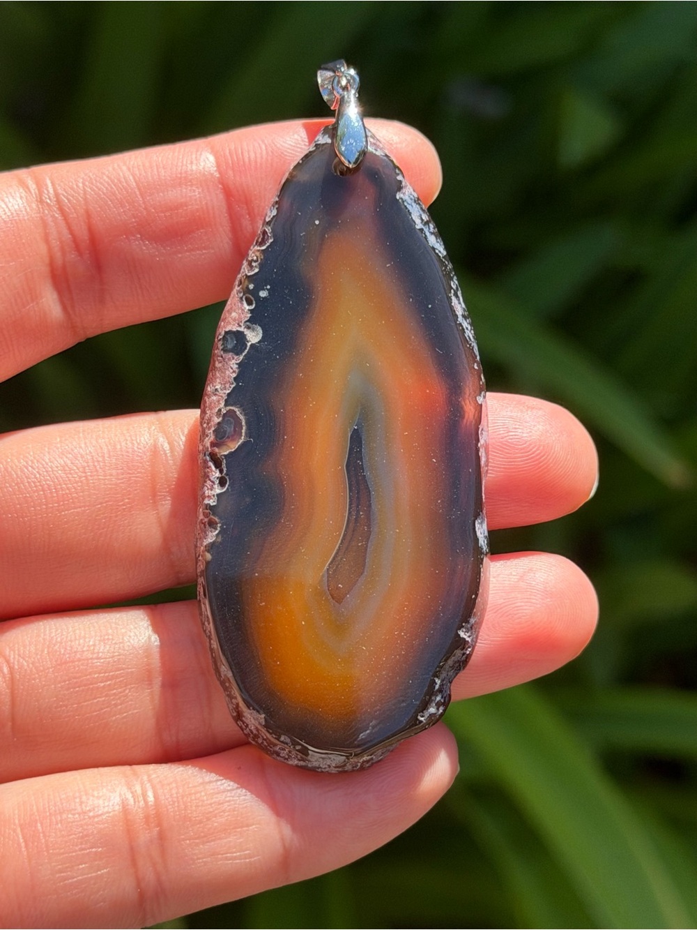 Sterling Silver 925 Long Banded Black and Orange Agate Pendant 2550 - Picture 3 of 6